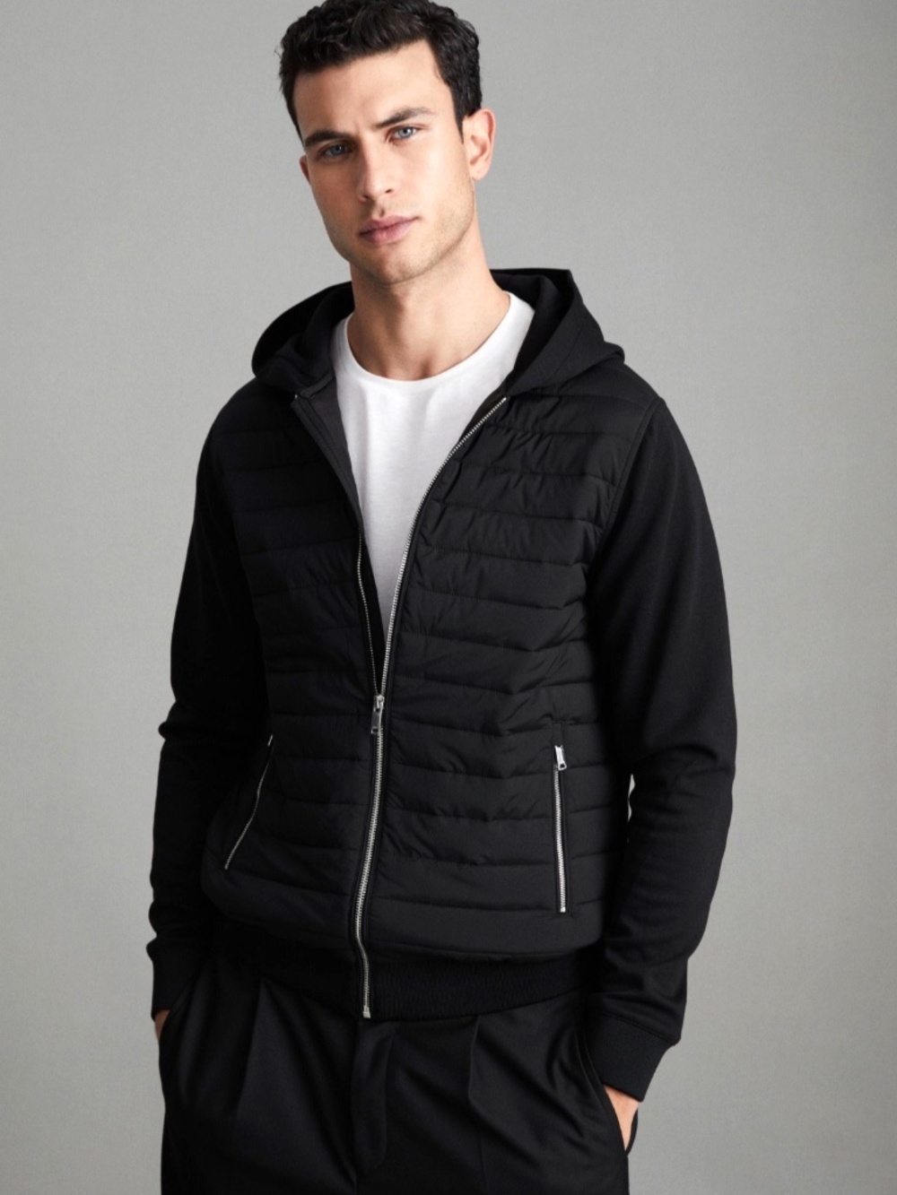 $355 REISS Taylor Quilted Hybrid Hooded Zip-Front Jacket in Black NWOT/sz M